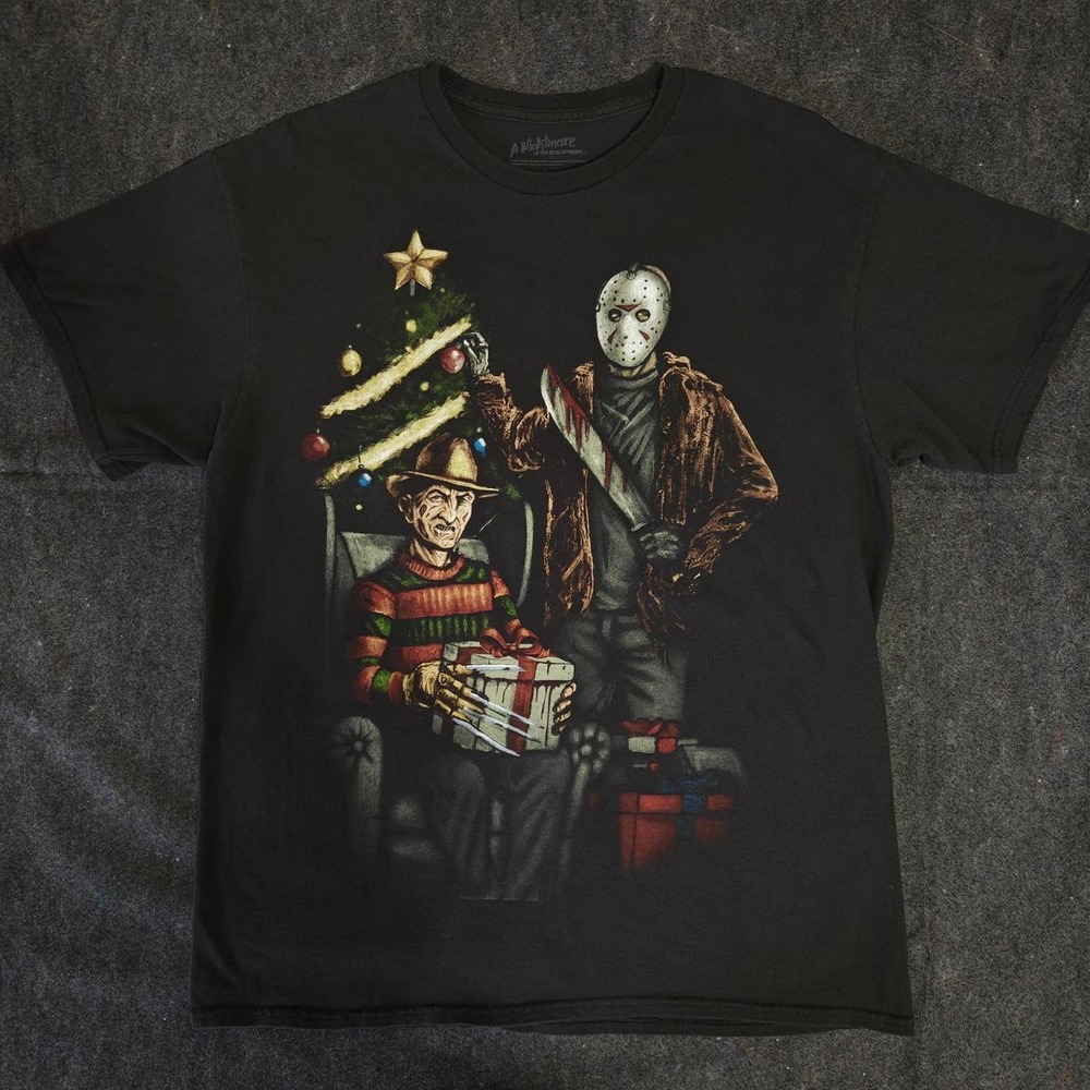 A Nightmare on Elm Street Freddy vs Jason Horror Christmas Graphic Tee Black L
